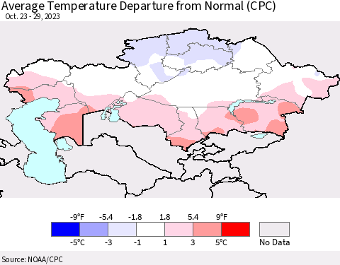 Kazakhstan Average Temperature Departure from Normal (CPC) Thematic Map For 10/23/2023 - 10/29/2023