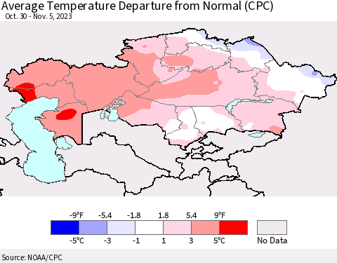 Kazakhstan Average Temperature Departure from Normal (CPC) Thematic Map For 10/30/2023 - 11/5/2023