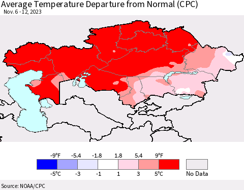Kazakhstan Average Temperature Departure from Normal (CPC) Thematic Map For 11/6/2023 - 11/12/2023