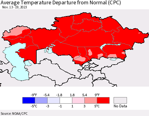 Kazakhstan Average Temperature Departure from Normal (CPC) Thematic Map For 11/13/2023 - 11/19/2023