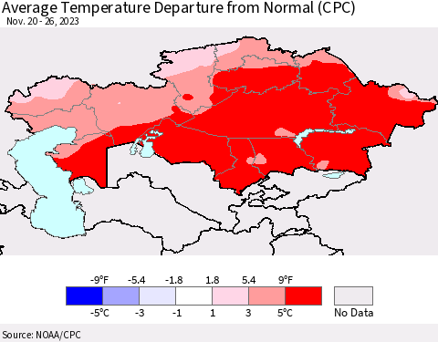 Kazakhstan Average Temperature Departure from Normal (CPC) Thematic Map For 11/20/2023 - 11/26/2023