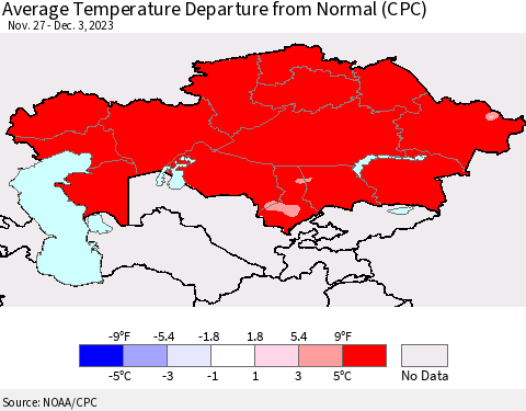Kazakhstan Average Temperature Departure from Normal (CPC) Thematic Map For 11/27/2023 - 12/3/2023