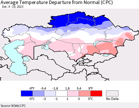 Kazakhstan Average Temperature Departure from Normal (CPC) Thematic Map For 12/4/2023 - 12/10/2023