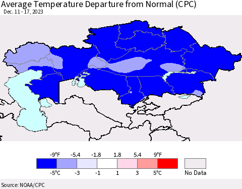 Kazakhstan Average Temperature Departure from Normal (CPC) Thematic Map For 12/11/2023 - 12/17/2023