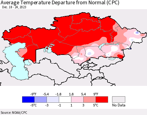 Kazakhstan Average Temperature Departure from Normal (CPC) Thematic Map For 12/18/2023 - 12/24/2023