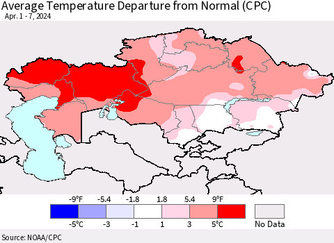 Kazakhstan Average Temperature Departure from Normal (CPC) Thematic Map For 4/1/2024 - 4/7/2024