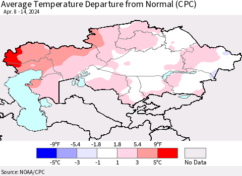 Kazakhstan Average Temperature Departure from Normal (CPC) Thematic Map For 4/8/2024 - 4/14/2024