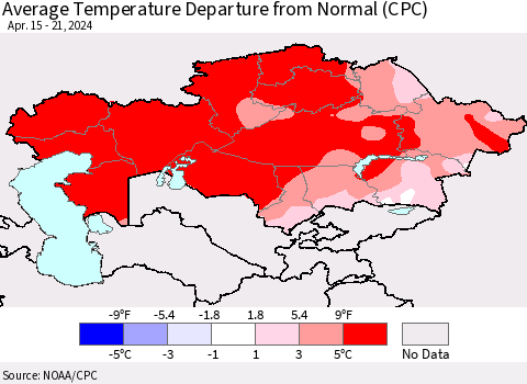 Kazakhstan Average Temperature Departure from Normal (CPC) Thematic Map For 4/15/2024 - 4/21/2024