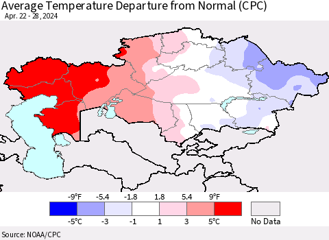Kazakhstan Average Temperature Departure from Normal (CPC) Thematic Map For 4/22/2024 - 4/28/2024