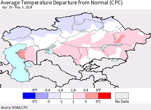 Kazakhstan Average Temperature Departure from Normal (CPC) Thematic Map For 4/29/2024 - 5/5/2024