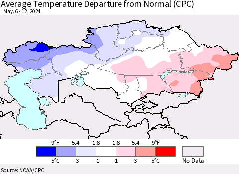 Kazakhstan Average Temperature Departure from Normal (CPC) Thematic Map For 5/6/2024 - 5/12/2024