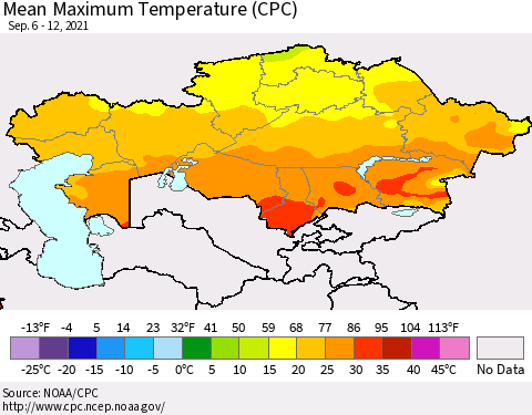 Kazakhstan Mean Maximum Temperature (CPC) Thematic Map For 9/6/2021 - 9/12/2021