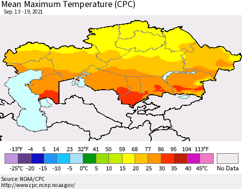 Kazakhstan Mean Maximum Temperature (CPC) Thematic Map For 9/13/2021 - 9/19/2021