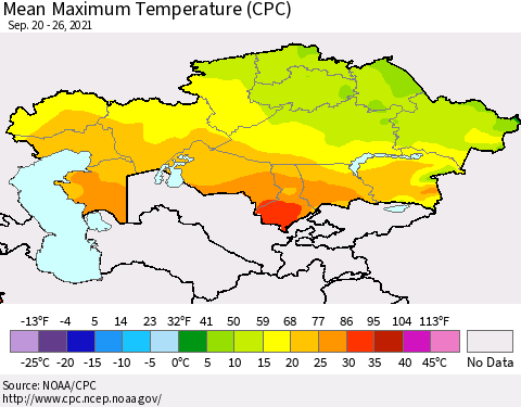 Kazakhstan Mean Maximum Temperature (CPC) Thematic Map For 9/20/2021 - 9/26/2021