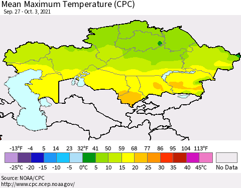 Kazakhstan Mean Maximum Temperature (CPC) Thematic Map For 9/27/2021 - 10/3/2021