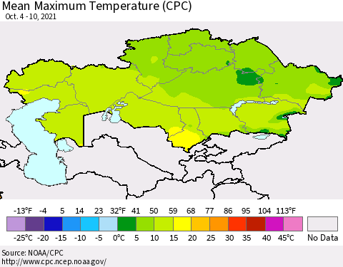 Kazakhstan Mean Maximum Temperature (CPC) Thematic Map For 10/4/2021 - 10/10/2021