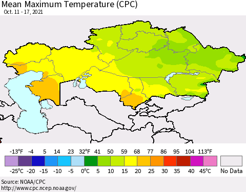 Kazakhstan Mean Maximum Temperature (CPC) Thematic Map For 10/11/2021 - 10/17/2021