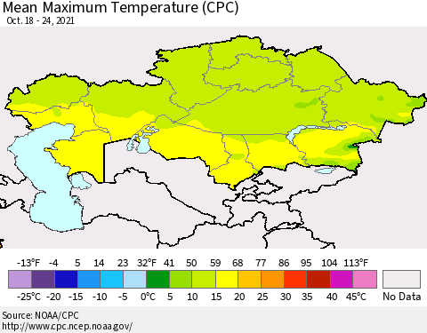 Kazakhstan Mean Maximum Temperature (CPC) Thematic Map For 10/18/2021 - 10/24/2021