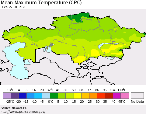 Kazakhstan Mean Maximum Temperature (CPC) Thematic Map For 10/25/2021 - 10/31/2021