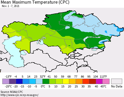 Kazakhstan Mean Maximum Temperature (CPC) Thematic Map For 11/1/2021 - 11/7/2021