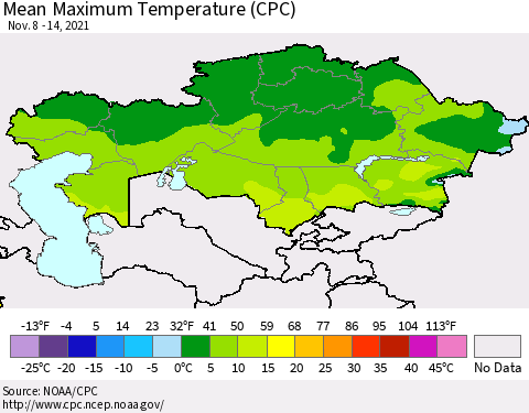 Kazakhstan Mean Maximum Temperature (CPC) Thematic Map For 11/8/2021 - 11/14/2021