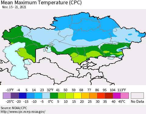 Kazakhstan Mean Maximum Temperature (CPC) Thematic Map For 11/15/2021 - 11/21/2021