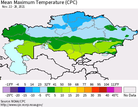 Kazakhstan Mean Maximum Temperature (CPC) Thematic Map For 11/22/2021 - 11/28/2021