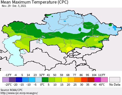 Kazakhstan Mean Maximum Temperature (CPC) Thematic Map For 11/29/2021 - 12/5/2021