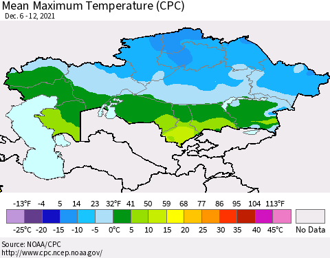 Kazakhstan Mean Maximum Temperature (CPC) Thematic Map For 12/6/2021 - 12/12/2021