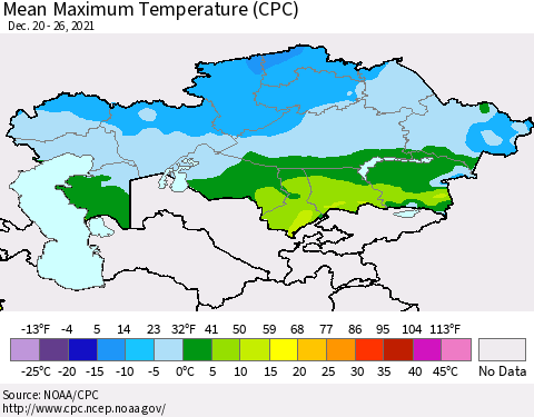 Kazakhstan Mean Maximum Temperature (CPC) Thematic Map For 12/20/2021 - 12/26/2021