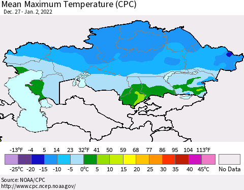 Kazakhstan Mean Maximum Temperature (CPC) Thematic Map For 12/27/2021 - 1/2/2022