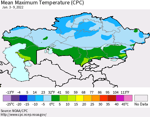 Kazakhstan Mean Maximum Temperature (CPC) Thematic Map For 1/3/2022 - 1/9/2022