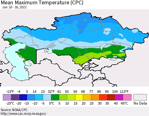 Kazakhstan Mean Maximum Temperature (CPC) Thematic Map For 1/10/2022 - 1/16/2022