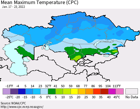 Kazakhstan Mean Maximum Temperature (CPC) Thematic Map For 1/17/2022 - 1/23/2022