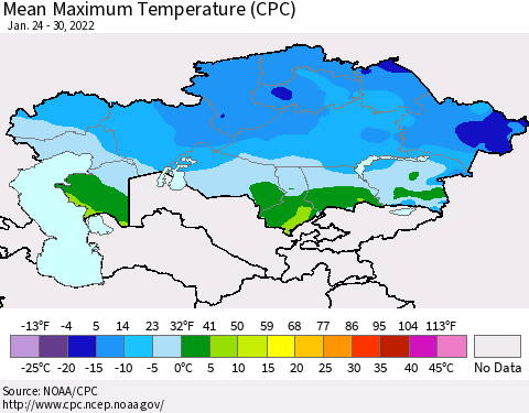 Kazakhstan Mean Maximum Temperature (CPC) Thematic Map For 1/24/2022 - 1/30/2022