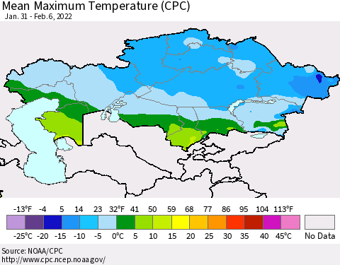 Kazakhstan Mean Maximum Temperature (CPC) Thematic Map For 1/31/2022 - 2/6/2022