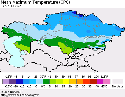 Kazakhstan Mean Maximum Temperature (CPC) Thematic Map For 2/7/2022 - 2/13/2022