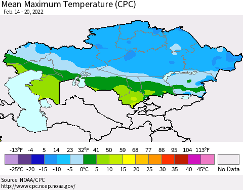 Kazakhstan Mean Maximum Temperature (CPC) Thematic Map For 2/14/2022 - 2/20/2022