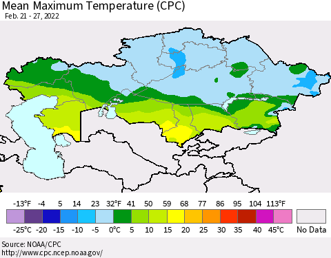 Kazakhstan Mean Maximum Temperature (CPC) Thematic Map For 2/21/2022 - 2/27/2022