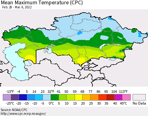 Kazakhstan Mean Maximum Temperature (CPC) Thematic Map For 2/28/2022 - 3/6/2022