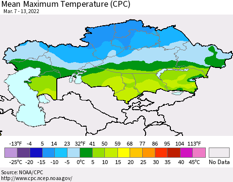 Kazakhstan Mean Maximum Temperature (CPC) Thematic Map For 3/7/2022 - 3/13/2022