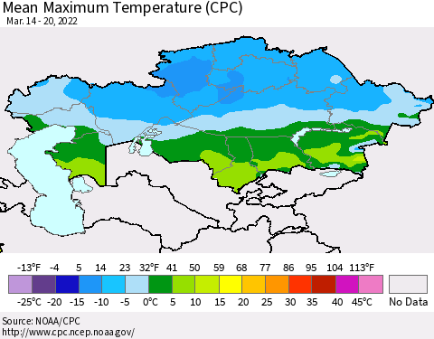 Kazakhstan Mean Maximum Temperature (CPC) Thematic Map For 3/14/2022 - 3/20/2022