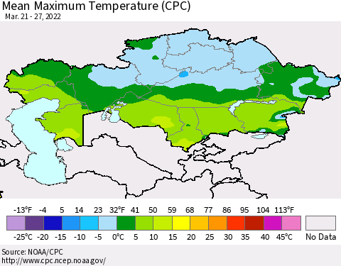 Kazakhstan Mean Maximum Temperature (CPC) Thematic Map For 3/21/2022 - 3/27/2022