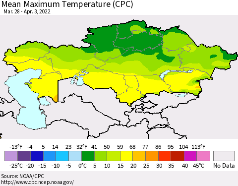 Kazakhstan Mean Maximum Temperature (CPC) Thematic Map For 3/28/2022 - 4/3/2022