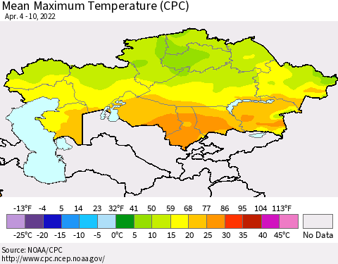 Kazakhstan Mean Maximum Temperature (CPC) Thematic Map For 4/4/2022 - 4/10/2022