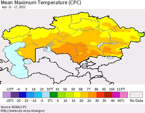 Kazakhstan Mean Maximum Temperature (CPC) Thematic Map For 4/11/2022 - 4/17/2022