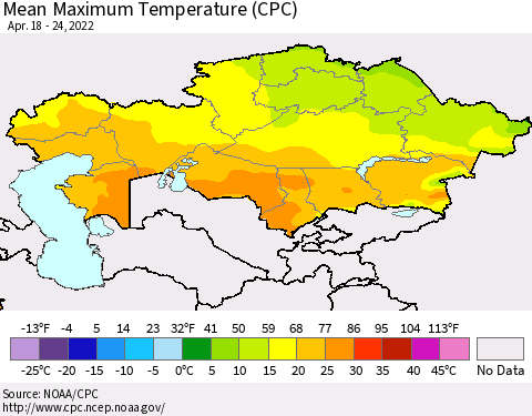 Kazakhstan Mean Maximum Temperature (CPC) Thematic Map For 4/18/2022 - 4/24/2022