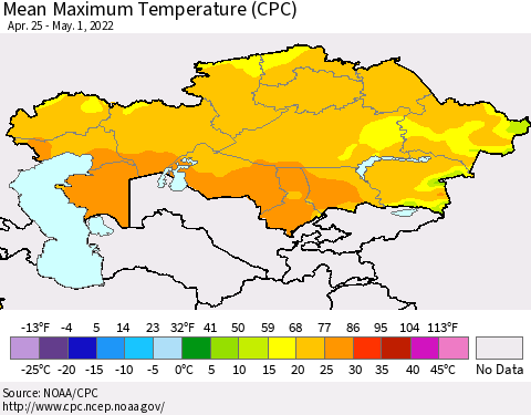 Kazakhstan Mean Maximum Temperature (CPC) Thematic Map For 4/25/2022 - 5/1/2022