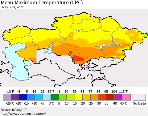 Kazakhstan Mean Maximum Temperature (CPC) Thematic Map For 5/2/2022 - 5/8/2022