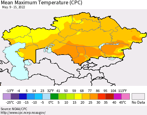 Kazakhstan Mean Maximum Temperature (CPC) Thematic Map For 5/9/2022 - 5/15/2022